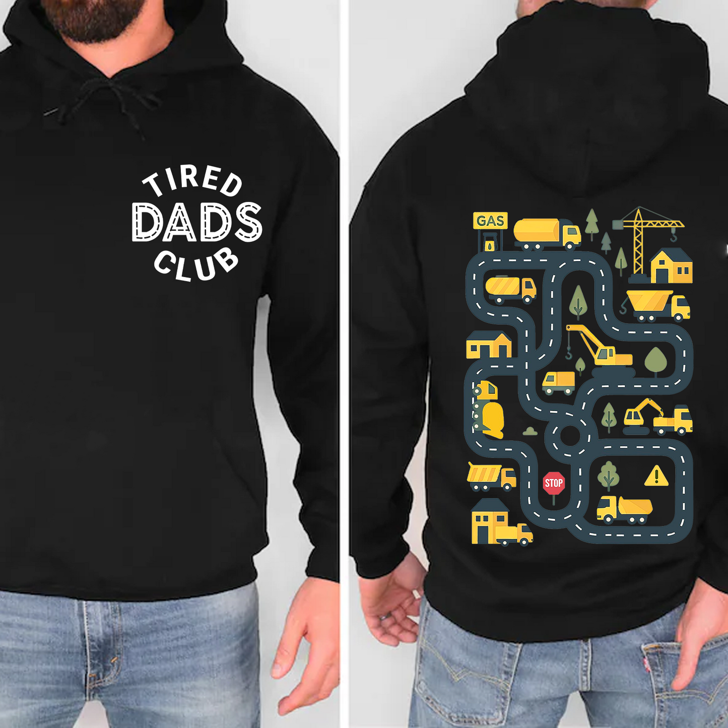 Funny Tired Dads Club Dark Shirt With Construction Track Back Print, Father’s Day Pocket & Back Shirt 684934