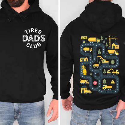 Funny Tired Dads Club Dark Shirt With Construction Track Back Print, Father’s Day Pocket & Back Shirt 684934