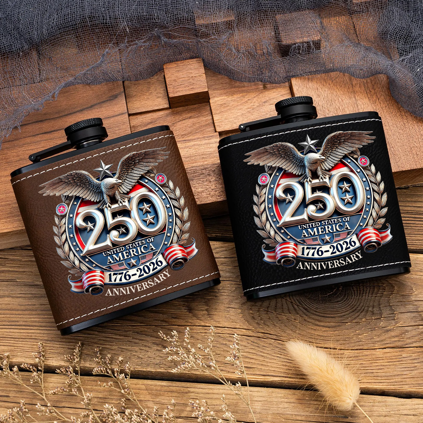 250 Years USA Anniversary Flask, Personalized Leather Flask, 250 Years of America Gift 684598
