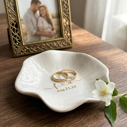 Custom Name Engaged Lotus Shape Jewelry Dish | Personalized Jewelry Dish | Wedding Date Gift 685474 WFD