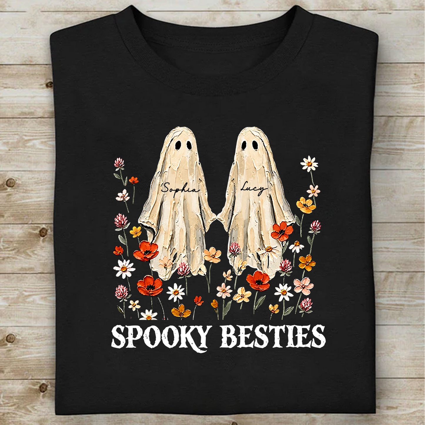 Custom Name Spooky Besties Dark Shirt, Personalized Ghost Floral Tee, Halloween Gifts For Friends 685971