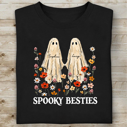 Custom Name Spooky Besties Dark Shirt, Personalized Ghost Floral Tee, Halloween Gifts For Friends 685971