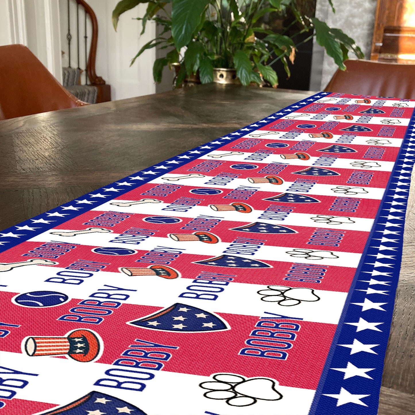 Personalized Dog Name Decor With Paw Print Table Runner | Patriotic 4th Of July Table Runner For Kitchen 682367