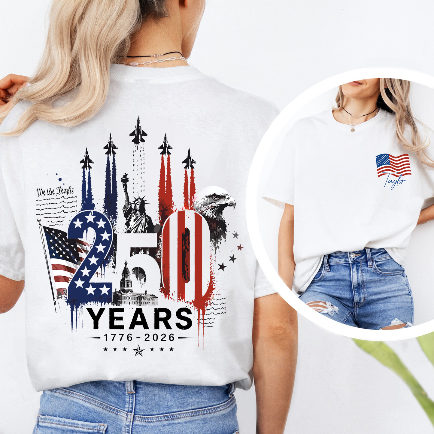 Personalized USA 250th Anniversary Pocket & Back Bright Shirt, 1776-2026 Fighter Jet Tee, Patriotic 4th Of July Gift 685274