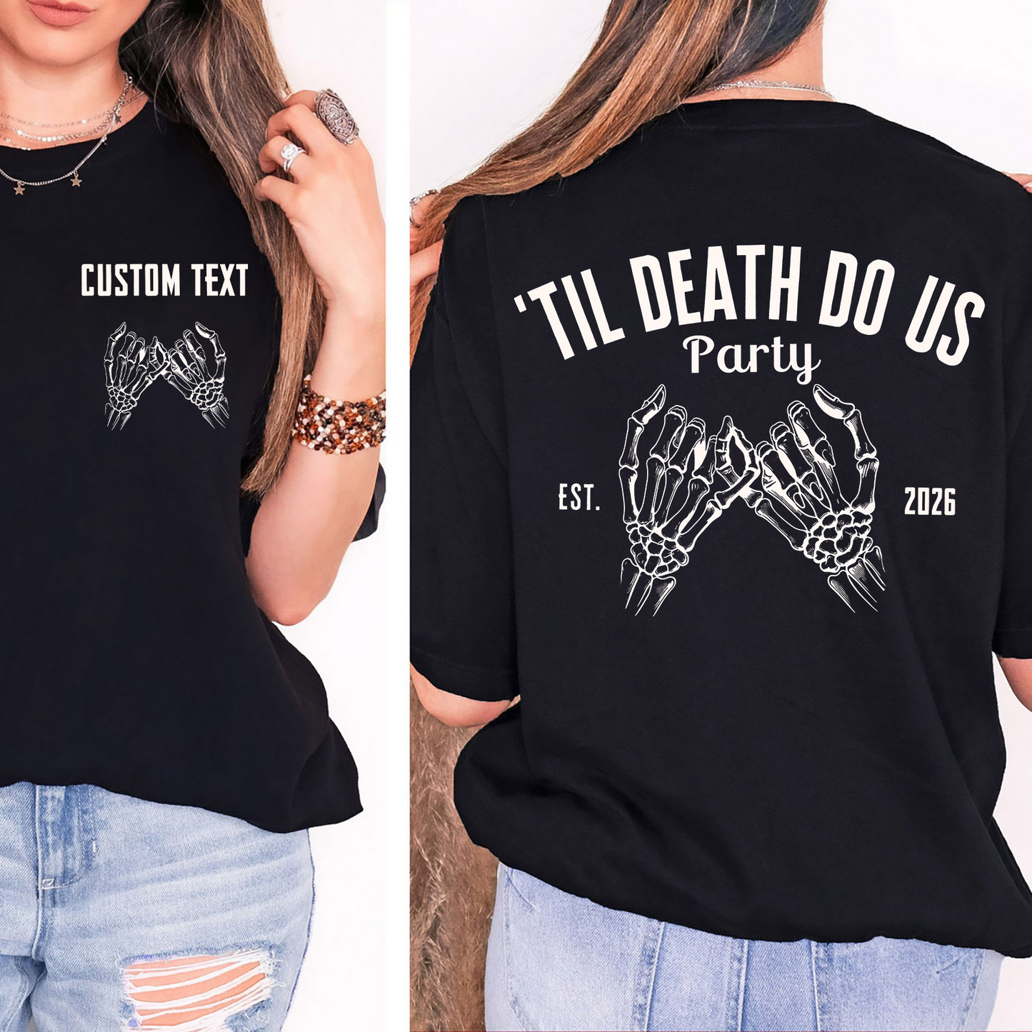 Personalized Bride Or Die Pocket & Back Dark Shirt, Funny Halloween Party Tee, Spooky Skeleton Hands Shirt 685667