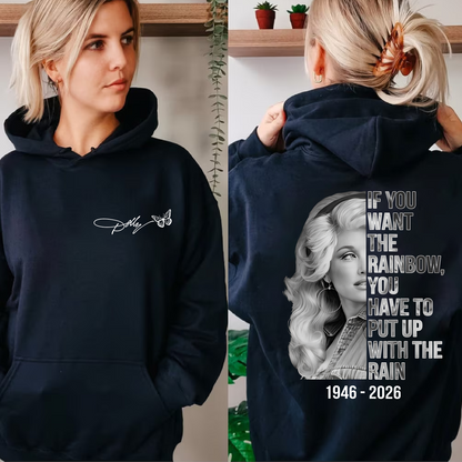 "If You Want The Rainbow" Dolly Parton Memorial Pocket & Back Dark Shirt, Country Music Tribute Tee, Butterfly Signature Graphic Shirt 686069