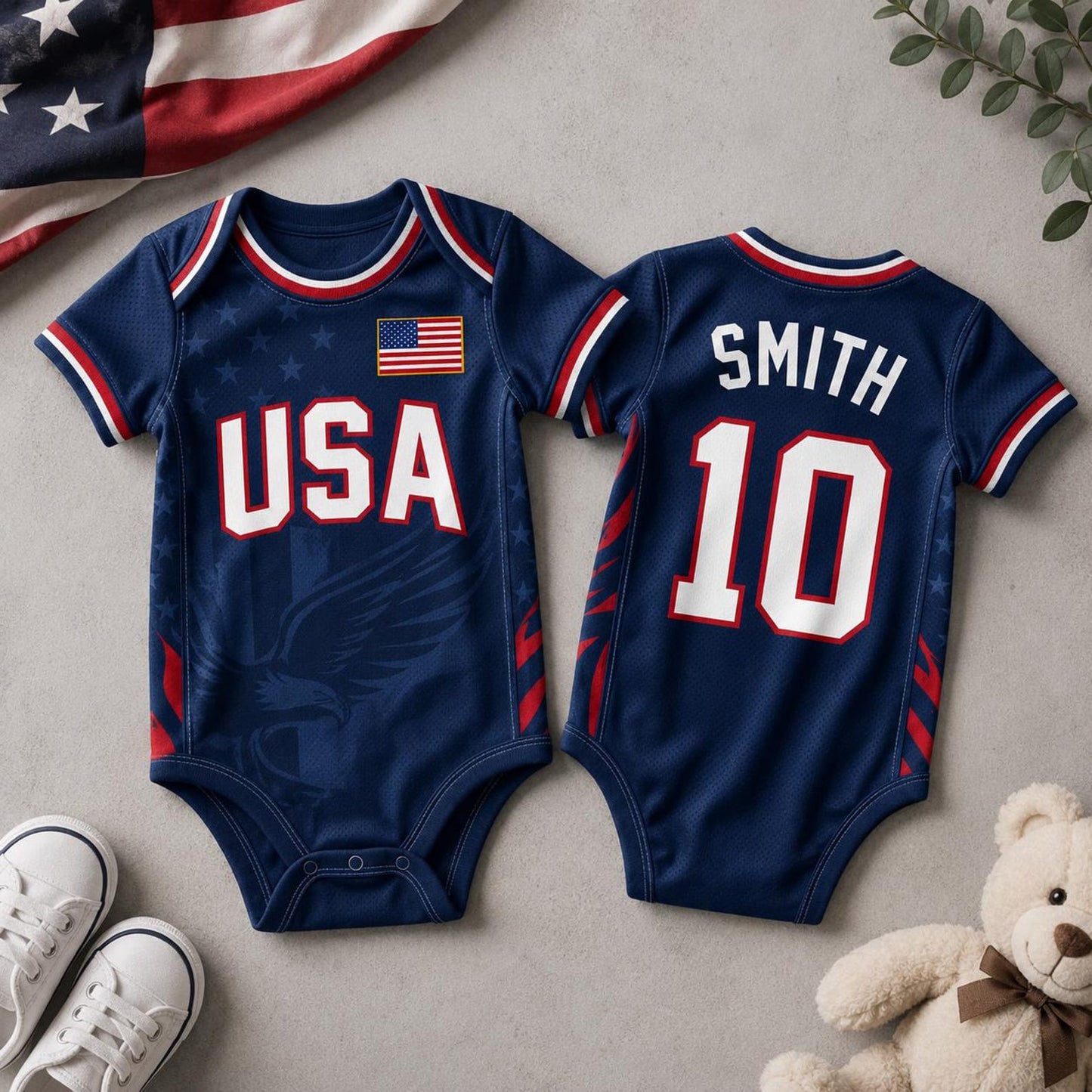 Personalized USA Flag Soccer Baby Suit, Custom Name Soccer Uniform Kit, Gift For Newborn 685388
