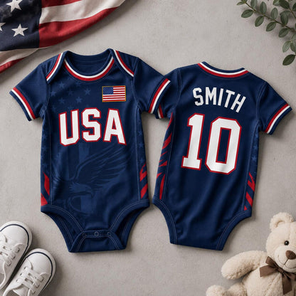 Personalized USA Flag Soccer Baby Suit, Custom Name Soccer Uniform Kit, Gift For Newborn 685388