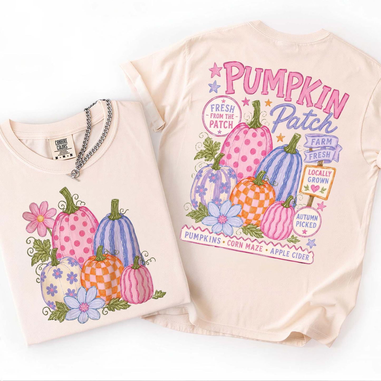 Retro Pumpkin Patch Graphic Front & Back Bright Shirt, Trendy Halloween Apparel, Vintage Autumn Shirt 685863