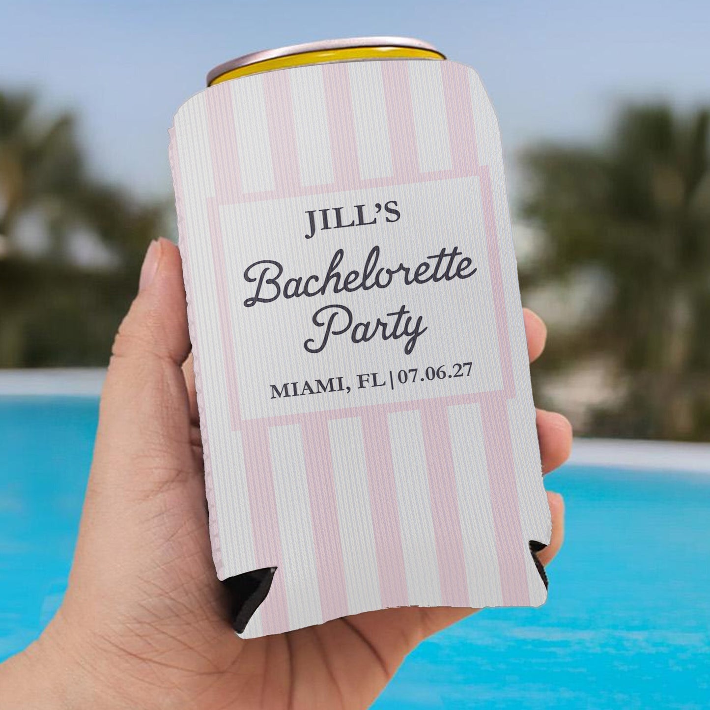 Personalized Summer Bachelorette Party Can Cooler, Custom Text Drink Holder, Coastal Themed Can Sleeve 685505