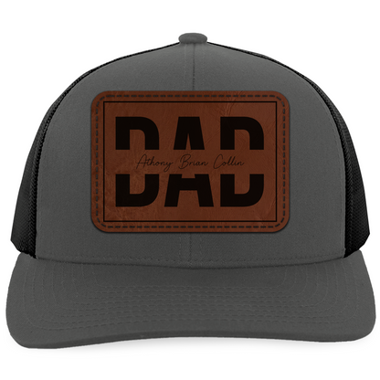 Personalized Dad Trucker Leather Patch Hat With Kids Names, Father’s Day Gift, Gift For Dad 685076