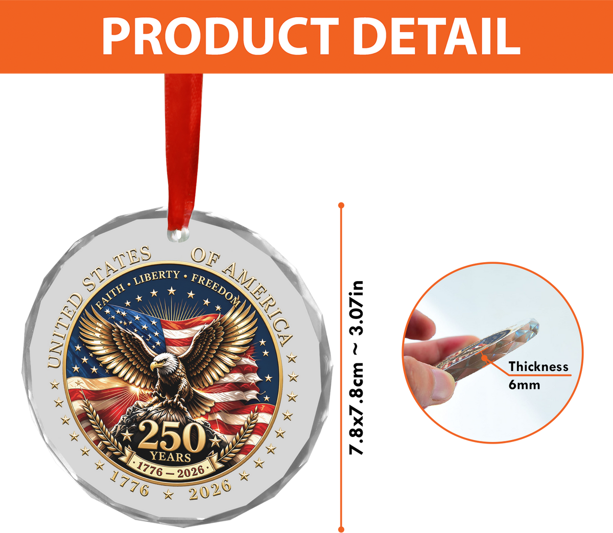 USA 250th Anniversary Glass Ornament, Patriotic Christmas Decor For Family 686216