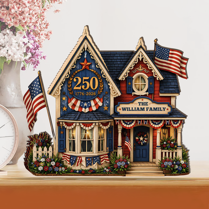 Custom Family Name USA 250th Anniversary Wooden Block | Personalized Wooden House Decor | Patriotic 4th Of July Decoration 685169
