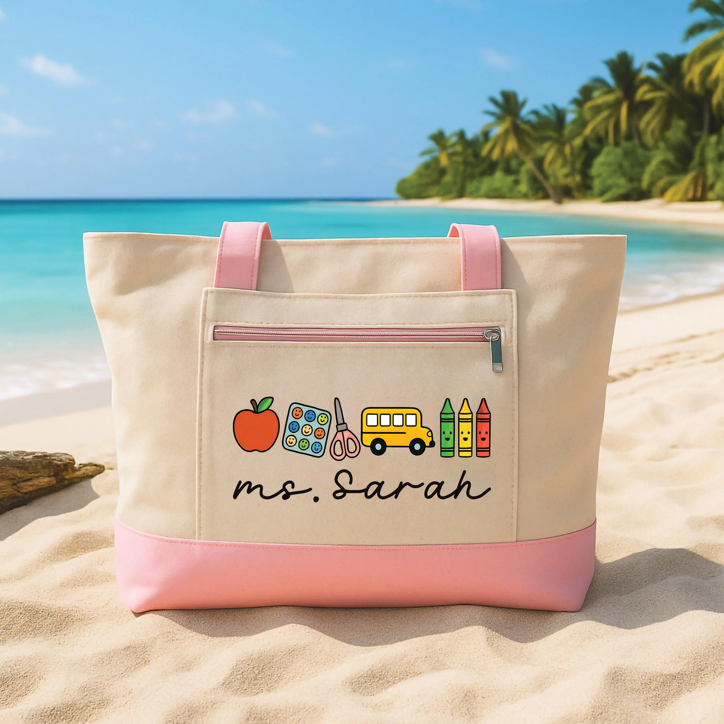 Custom Name Canvas Tote Bag With Zipper | Personalized Gift For Teacher | Back To School Tote 684790