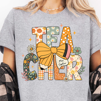 Custom Name Floral Teacher Bright Shirt, Personalized Vintage Pencil & Bow Tee, Back To School Gift 685710