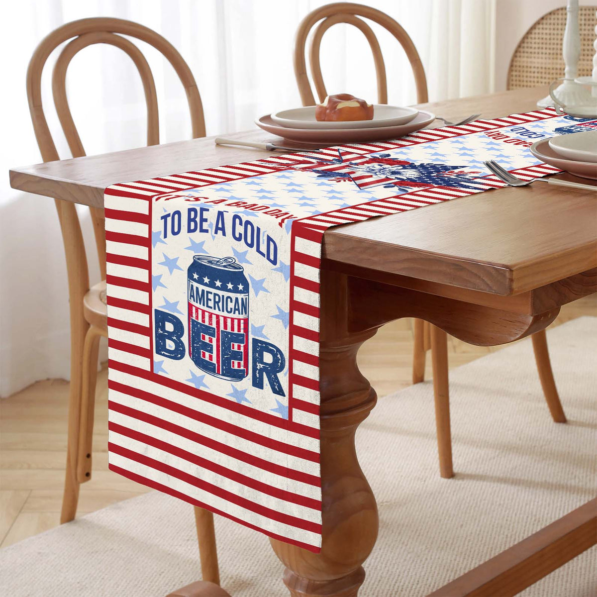 It's A Bad Day To Be A Cold Beer Table Runner | Patriotic US Flag | 4th Of July Table Runner For Kitchen 682368