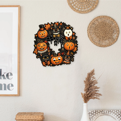 Custom Family Name Halloween Wooden Sign - Vintage Pumpkin & Black Cat Door Wreath 685857