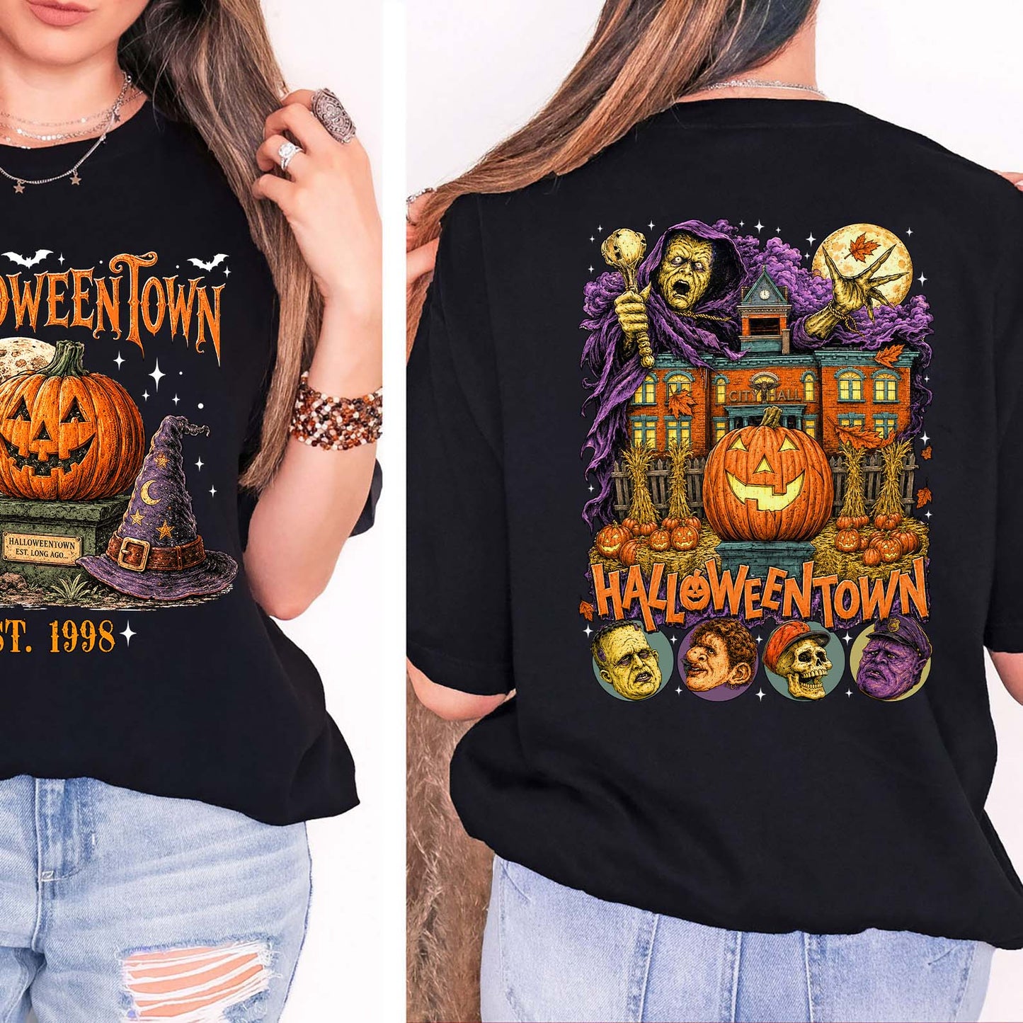 Halloweentown Est 1998 Front And Back Dark Shirt, Halloween Unisex Graphic T-Shirt 685680
