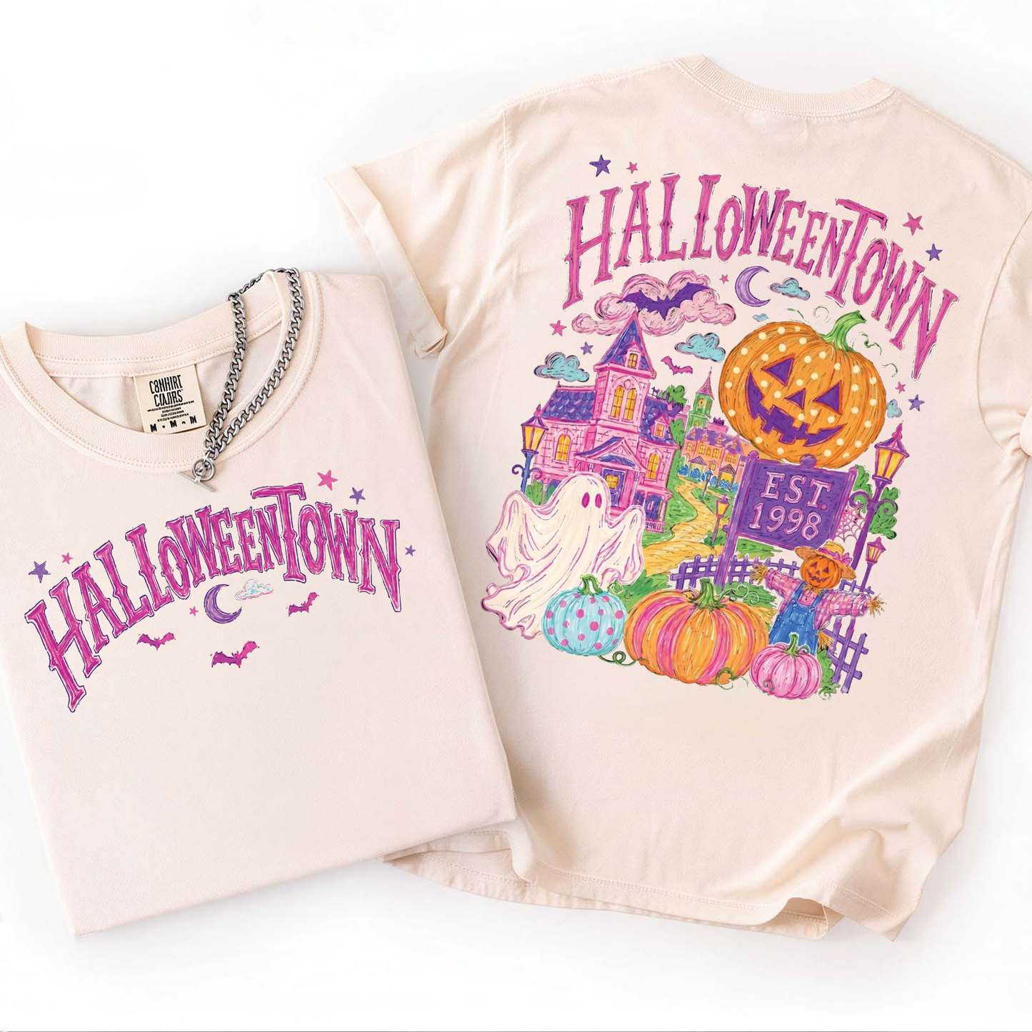 Retro Halloweentown Est 1998 Graphic Front & Back Bright Shirt, Trendy Pastel Halloween Apparel 685861