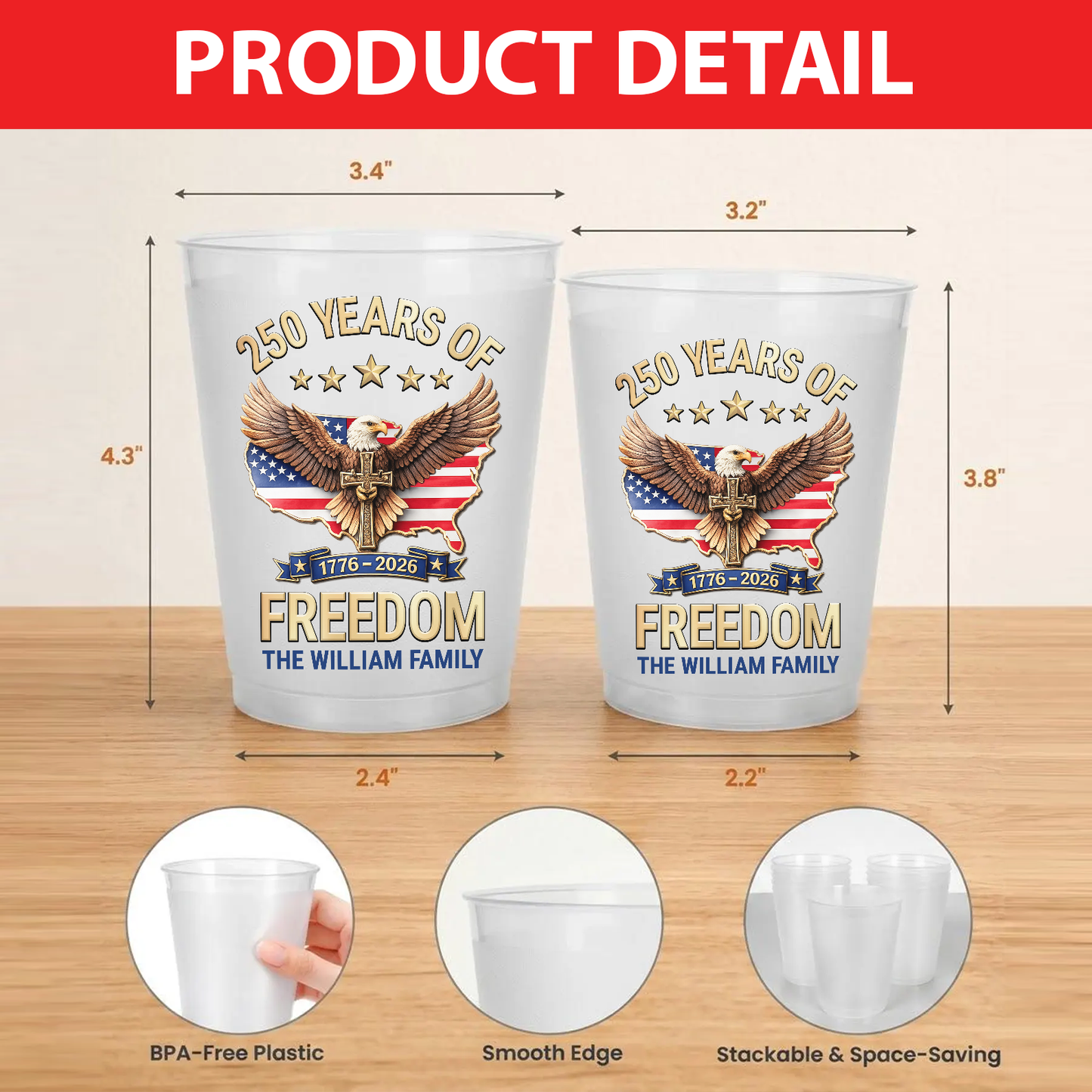 Personalized USA 250 Years Of Freedom Frosted Cups, 1776–2026 Eagle Party Cups, Custom Family Name Cups 684886