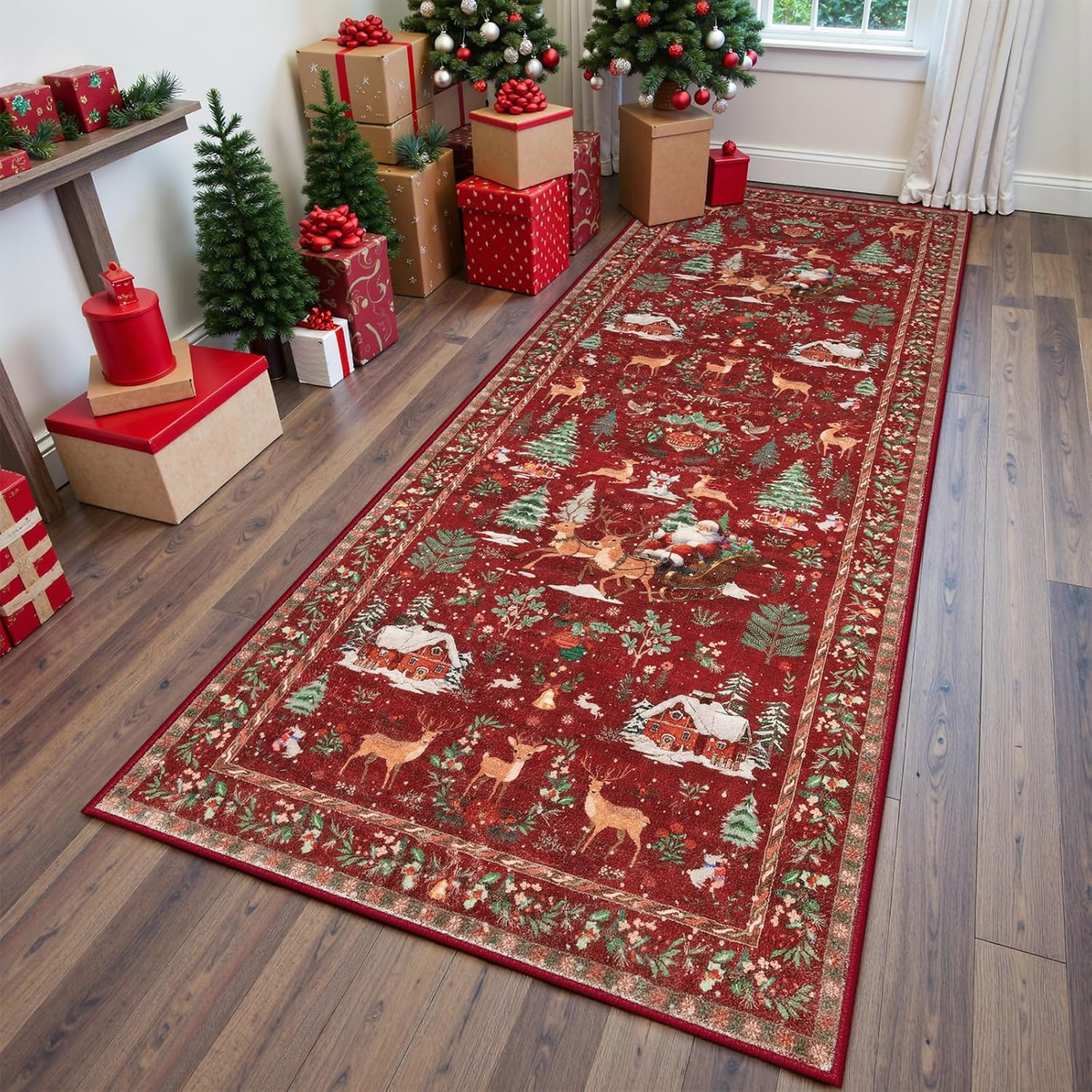 Traditional Santa & Reindeer Christmas Runner Rug - Festive Holiday Welcome Mat 686515 WFD