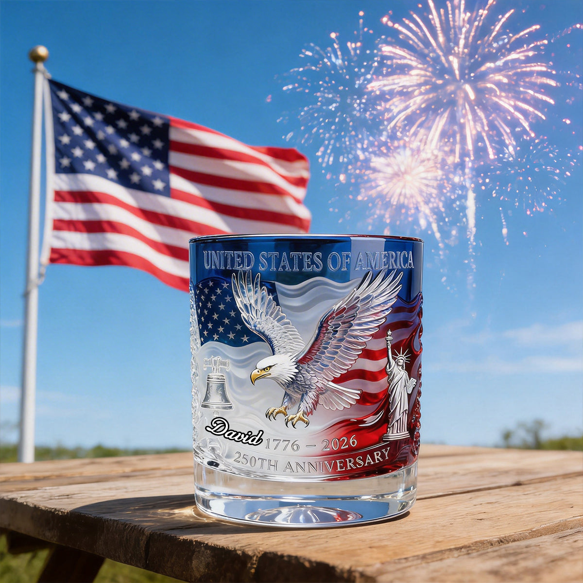 Personalized USA 250th Anniversary Whiskey Glass, Custom Name Patriotic 4th Of July Glass 685289