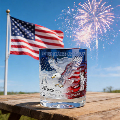 Personalized USA 250th Anniversary Whiskey Glass, Custom Name Patriotic 4th Of July Glass 685289