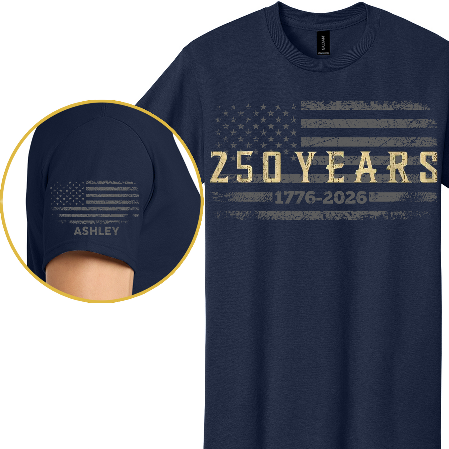 Personalized USA 250 Years Anniversary Dark Shirt | Custom Name Patriotic 4th Of July Front & Right Sleeve Shirt 684775