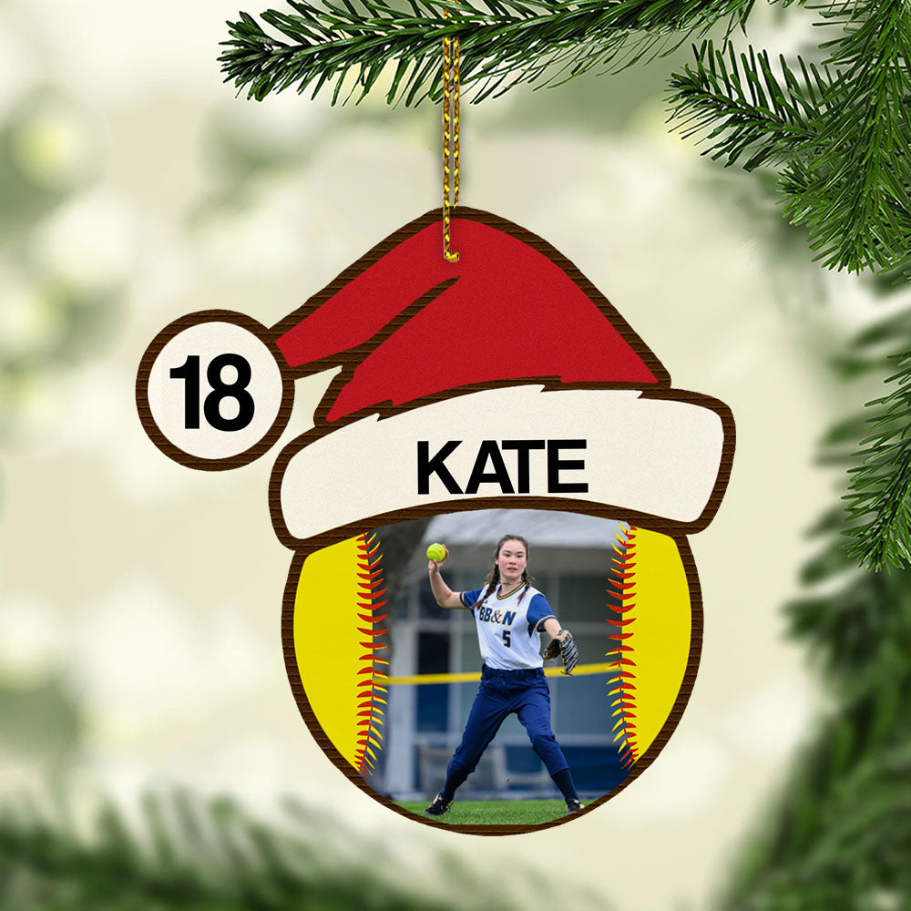 Softball Santa Hat Wooden Ornament | Wooden 1 Layer Ornament for Christmas 682724