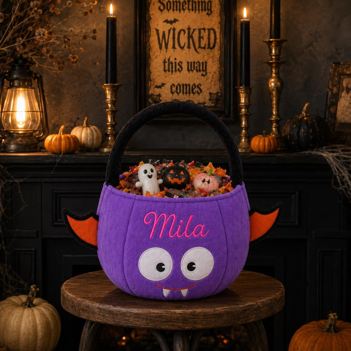 Personalized Halloween Trick Or Treat Candy Bucket, Custom Embroidered Plush Pumpkin Basket 686280 WFD