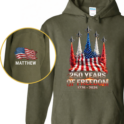 Personalized USA 250 Years Of Freedom Dark Shirt | Custom Name Patriotic 4th Of July Front & Sleeve Shirt 684851