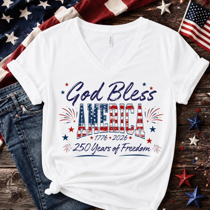Personalized God Bless America V-Neck Shirt, 250 Years Of Freedom Patriotic Women Tee 685393