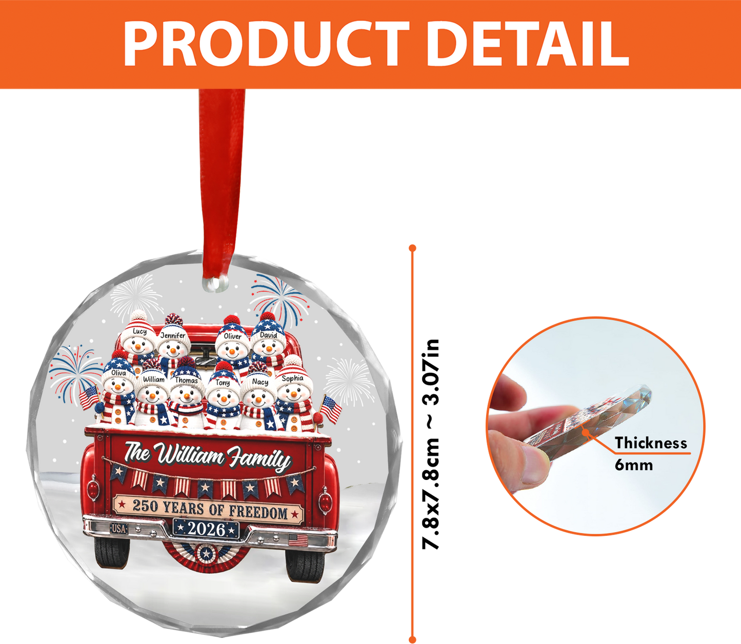 Personalized Snowman 250 Years Of Freedom Glass Ornament, Custom Name Christmas Ornament 685951
