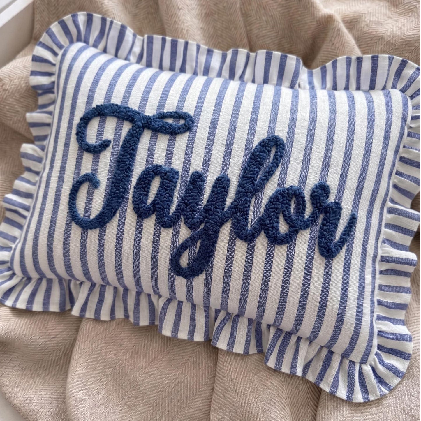 Custom Embroidered Name Pillow | Personalized Striped Ruffled Punch Needle Throw Pillow 685556 WFD