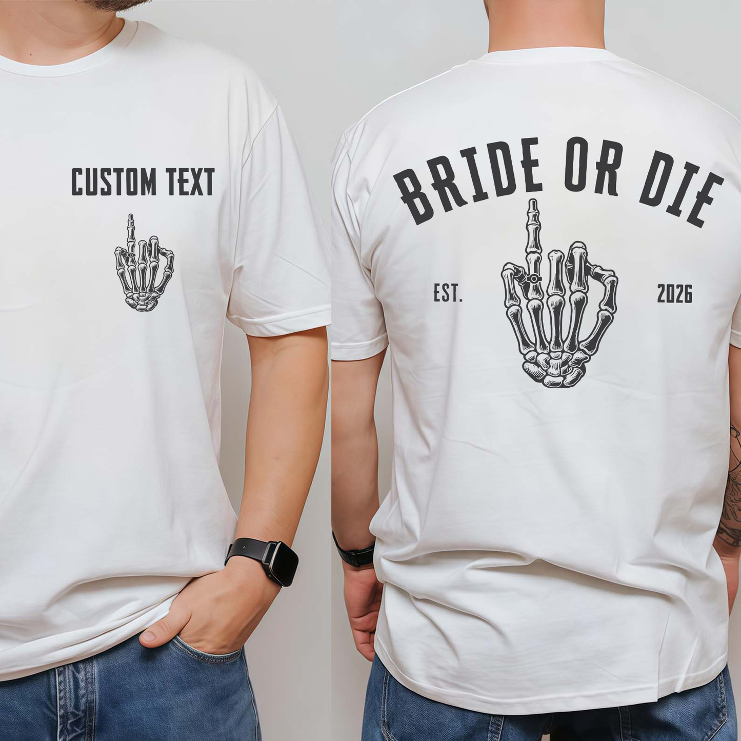 Personalized Bride Or Die Pocket & Back Bright Shirt, Funny Halloween Party Tee, Spooky Skeleton Hands Shirt 685667