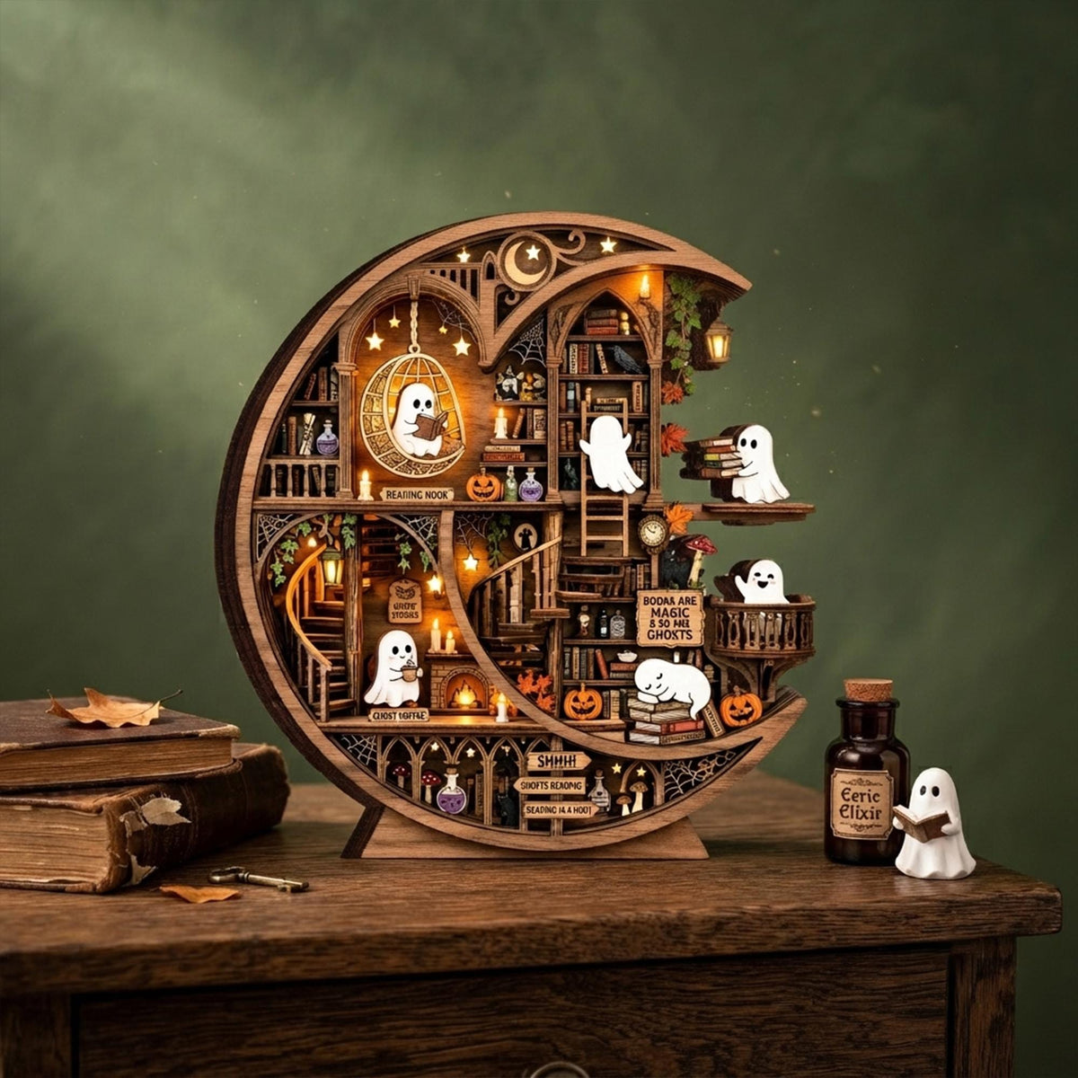Halloween Ghost Library Wooden Block, Pumpkin Bookshelf Decor, Spooky Autumn Gift 686484 WFD