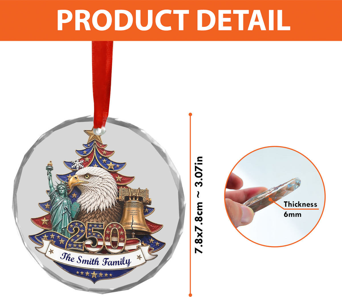 Personalized USA 250th Anniversary Glass Ornament, Custom Name Patriotic Christmas Ornament 686052