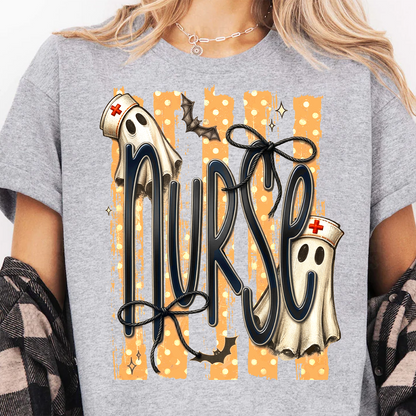 Cute Ghost Nurse Graphic Bright Shirt, Spooky Season Tee, Gift For Halloween 685846