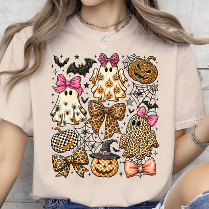 Coquette Leopard Pumpkin Ghost Bright Shirt, Retro Halloween Girly Ghost Tee 685659