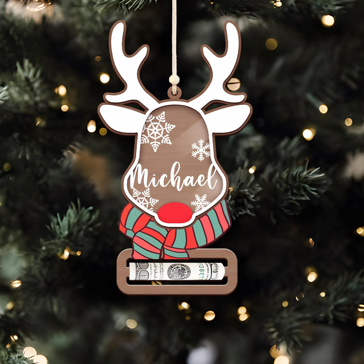 Personalized Christmas Reindeer Money Holder Ornament, Wooden Cash Holder, Holiday Gift For Family 686241 WFD