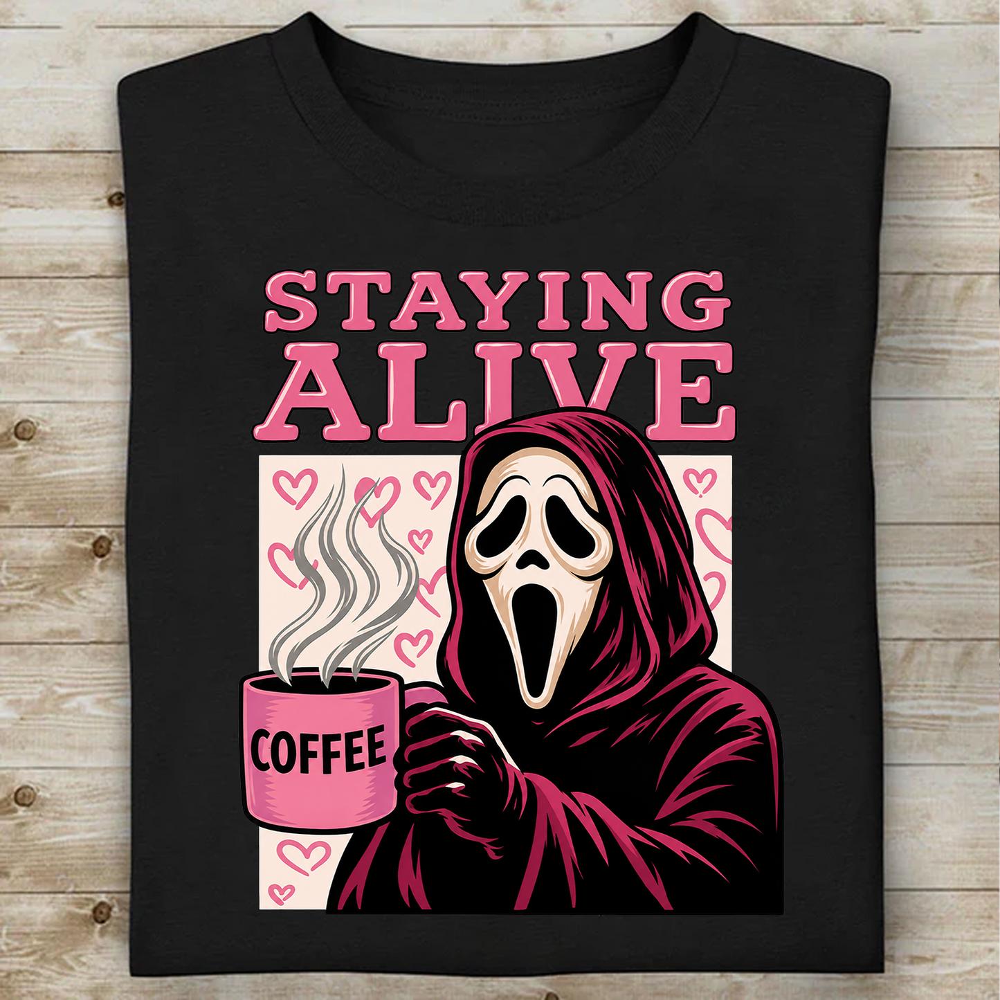 Funny "Staying Alive" Coffee Horror Dark Shirt, Funny Spooky Halloween Tee 685830