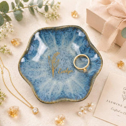Custom Name Engaged Lotus Shape Jewelry Dish | Personalized Birth Month Flower Jewelry Dish | Wedding Date Gift 685501