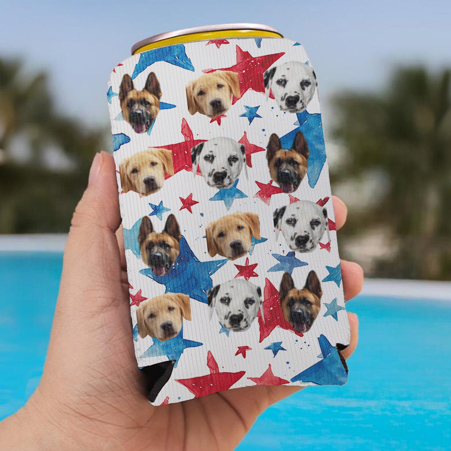 Personalized Patriotic Paws & Stars Can Cooler | Custom Pet Photo Can Holder | 4th Of July Can Sleeve | Independence Day Gift 682393