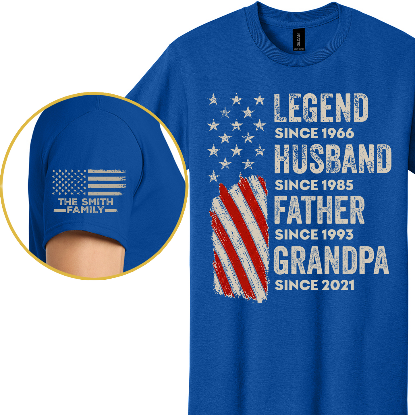 Custom Legend Husband Father Grandpa American Flag T-Shirt - Personalized Years & Family Name Sleeve Shirt - Father's Day Gift 685017