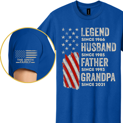 Custom Legend Husband Father Grandpa American Flag T-Shirt - Personalized Years & Family Name Sleeve Shirt - Father's Day Gift 685017