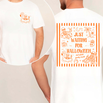 Just Waiting For Halloween Front & Back Bright Shirt, Summer Skeleton Striped Tee, Gift For Halloween 685625