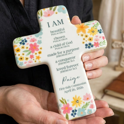 Floral Holy Name Cross Box | Personalized Ceramic Keepsake | Custom Cross Box | Gift For Baptism 684800