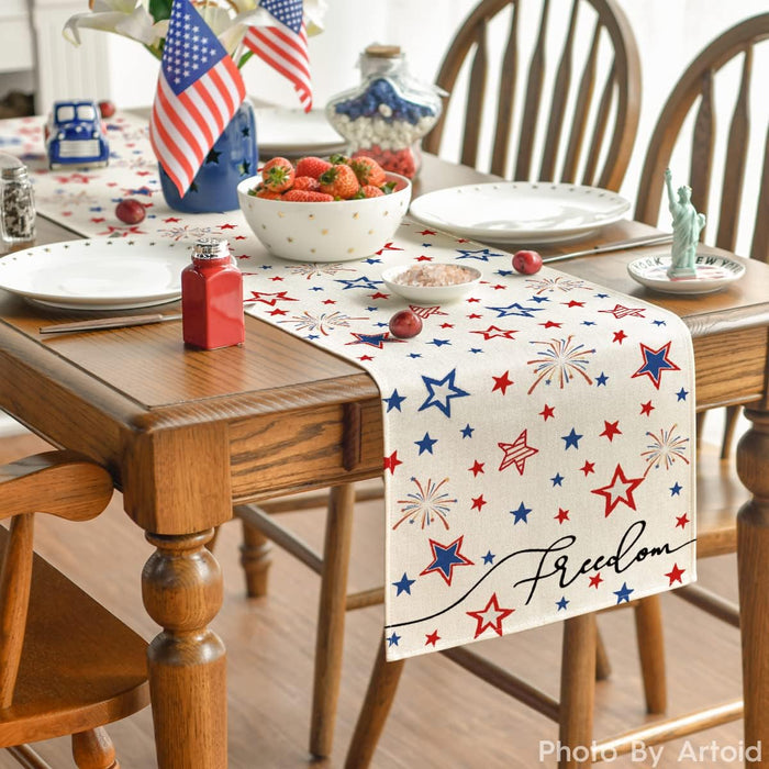 Patriotic Freedom Stars Table Runner, 4Th of July Memorial Day Holiday Kitchen Dining Table Decor for Indoor Outdoor Home Party Decoration 13 X 72 Inch