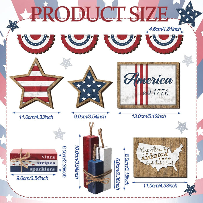 13 Pcs 4Th of July Patriotic Tiered Tray Decor Set Patriotic Independence Day Decoration Rustic Farmhouse Memorial Day Wooden Sign American Star Wooden Red White Blue Decor for Table Home Party
