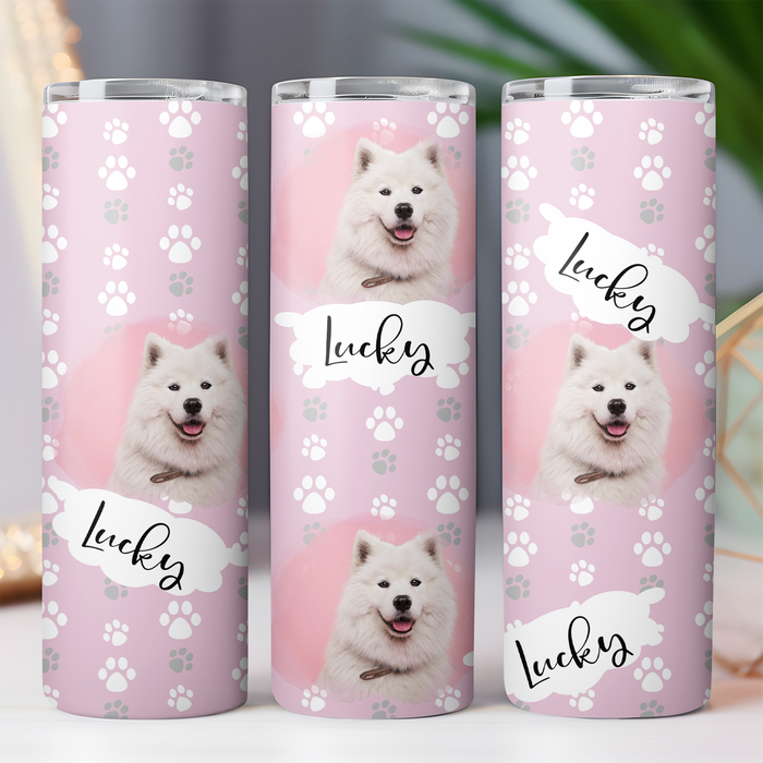 Dog With Paws Pattern - Personalized Custom Dog Photo Skinny Tumbler - Gift for Dad, Gift for Mom T933